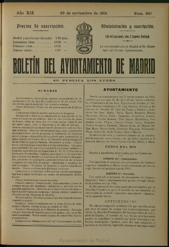 Miniatura de Boletín Oficial del Ayuntamiento de Madrid del 29 de noviembre de 1915, nº 987