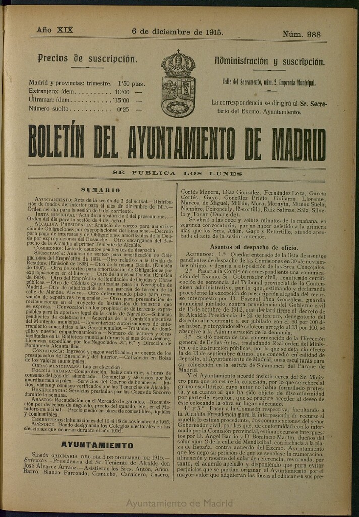 Miniatura de Boletín Oficial del Ayuntamiento de Madrid del 6 de diciembre de 1915, nº 988
