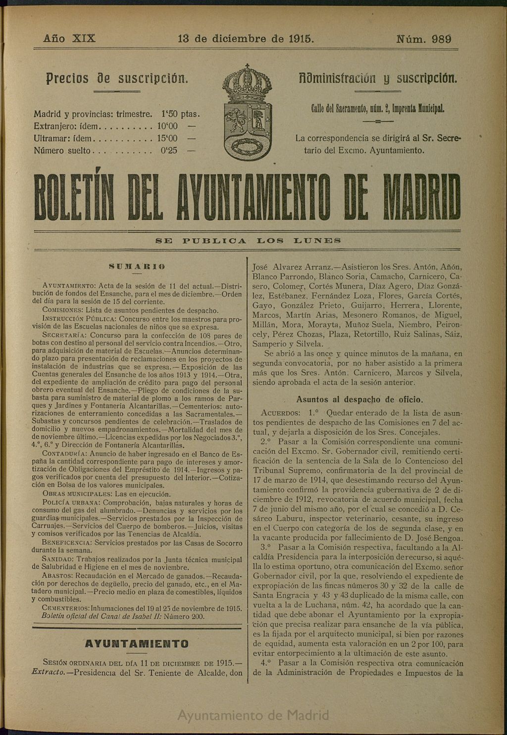 Miniatura de Boletín Oficial del Ayuntamiento de Madrid del 13 de diciembre de 1915, nº 989