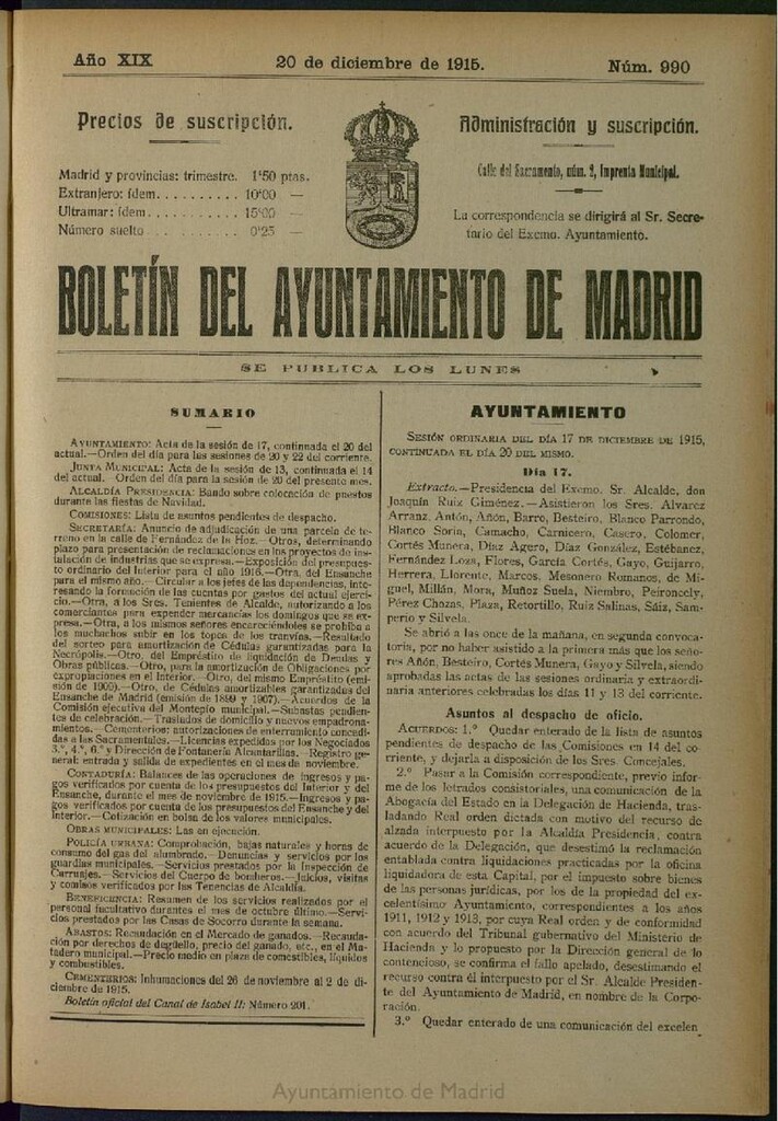 Miniatura de Boletín Oficial del Ayuntamiento de Madrid del 20 de diciembre de 1915, nº 990