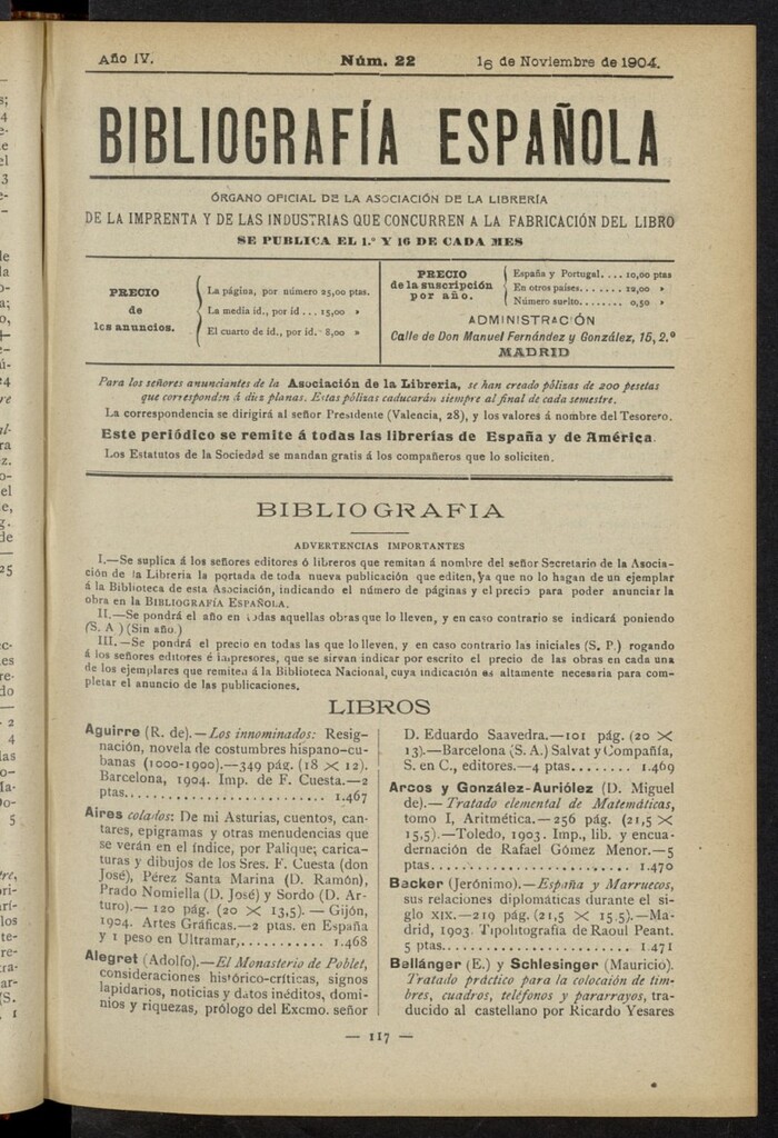 Miniatura de Bibliografía Española del 16 de noviembre de 1904
