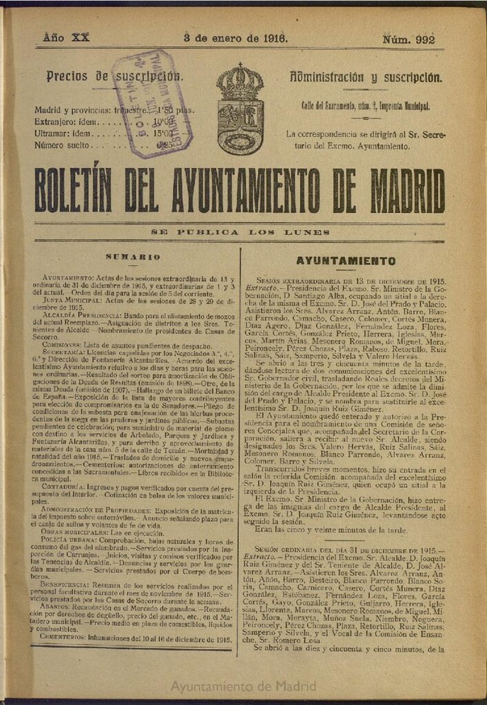 Miniatura de Boletín Oficial del Ayuntamiento de Madrid del 3 de enero de 1916, nº 992