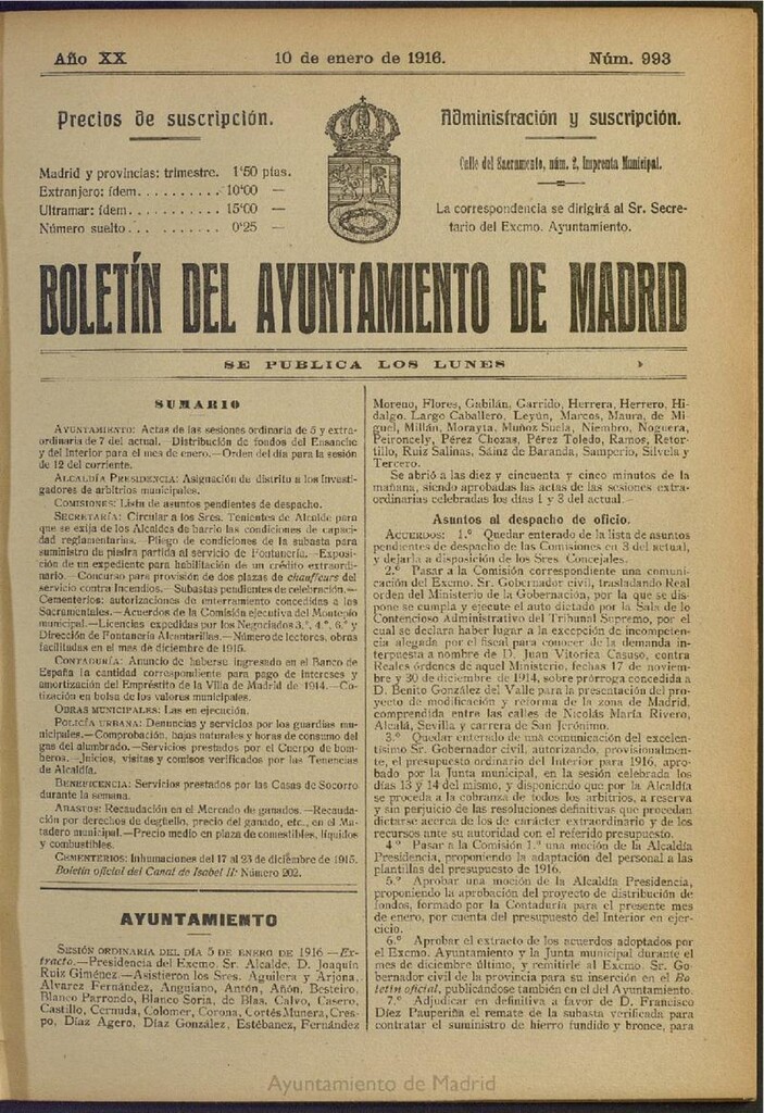 Miniatura de Boletín Oficial del Ayuntamiento de Madrid del 10 de enero de 1916, nº 993