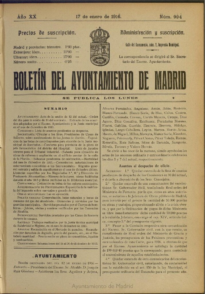 Miniatura de Boletín Oficial del Ayuntamiento de Madrid del 17 de enero de 1916, nº 994