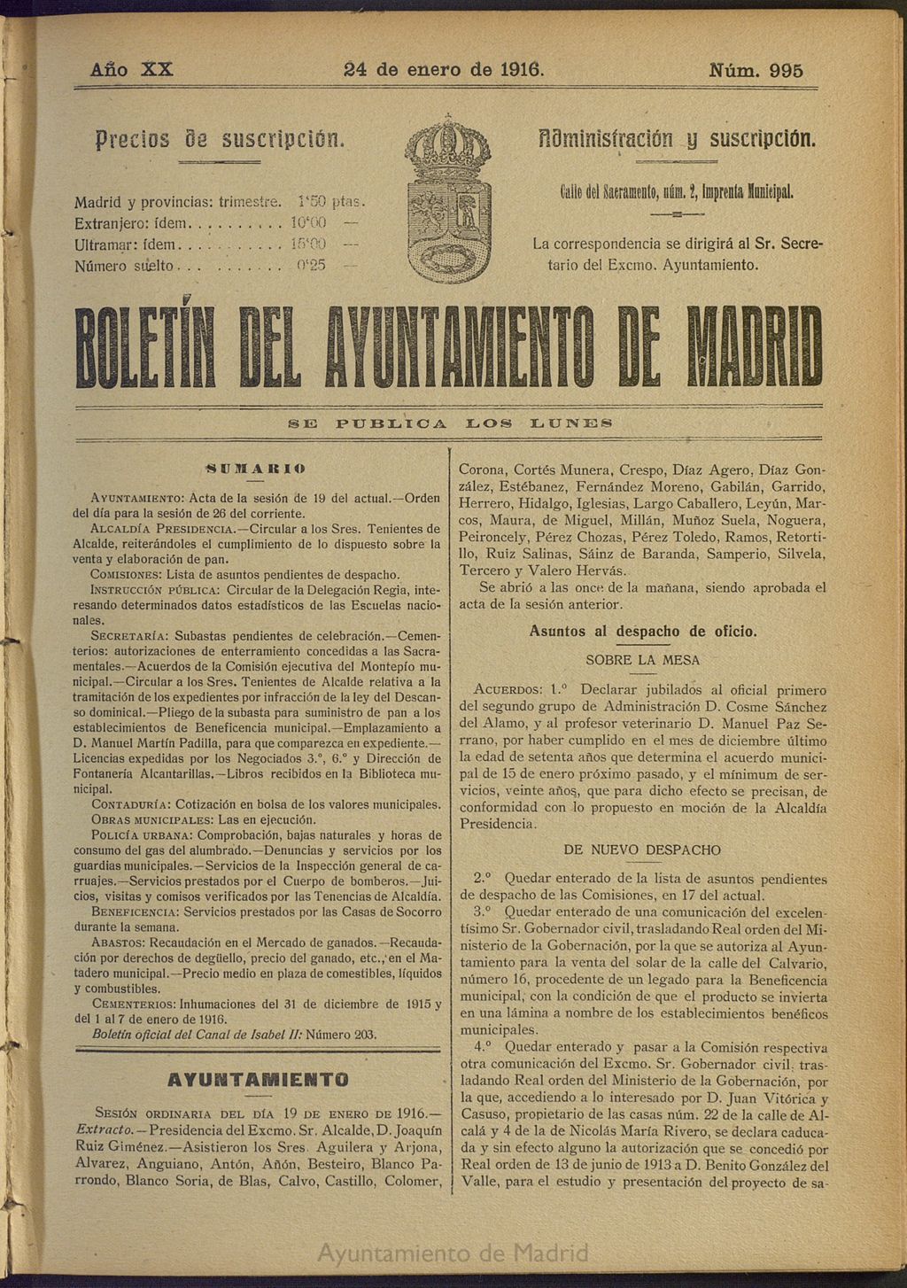Miniatura de Boletín Oficial del Ayuntamiento de Madrid del 24 de enero de 1916, nº 995