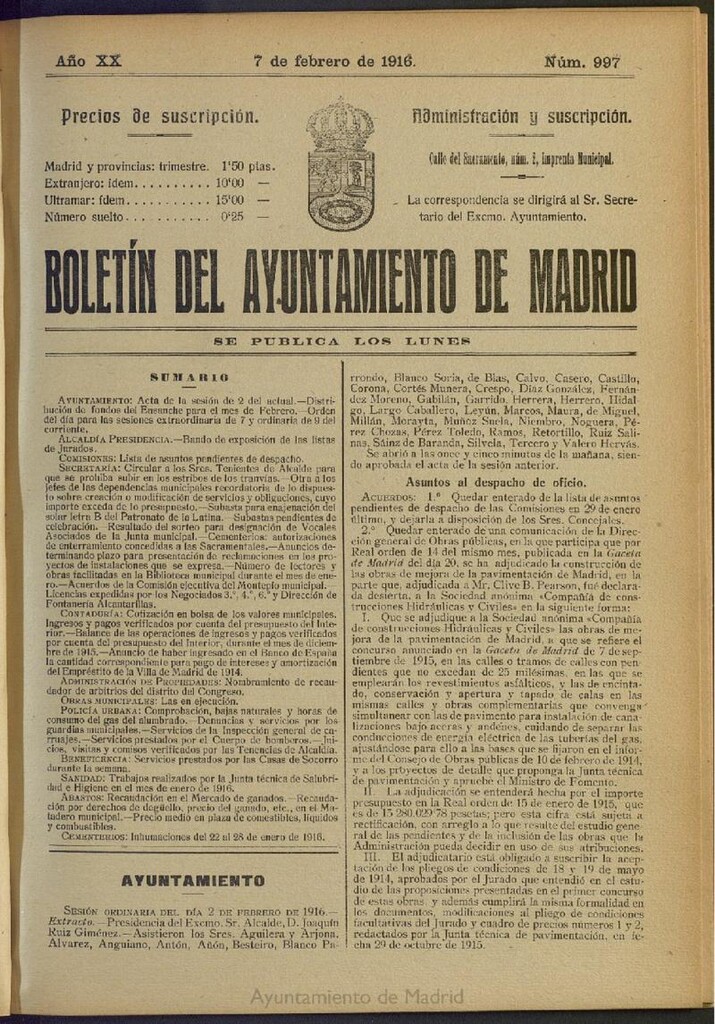 Miniatura de Boletín Oficial del Ayuntamiento de Madrid del 7 de febrero de 1916, nº 997