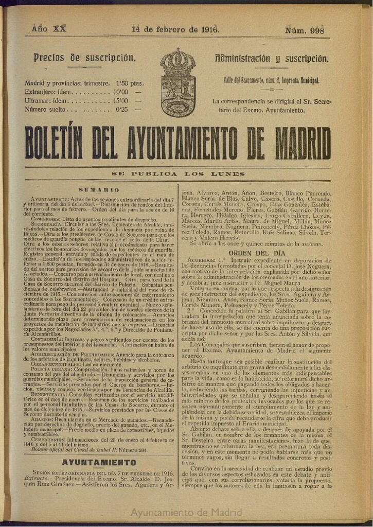 Miniatura de Boletín Oficial del Ayuntamiento de Madrid del 14 de febrero de 1916, nº 998