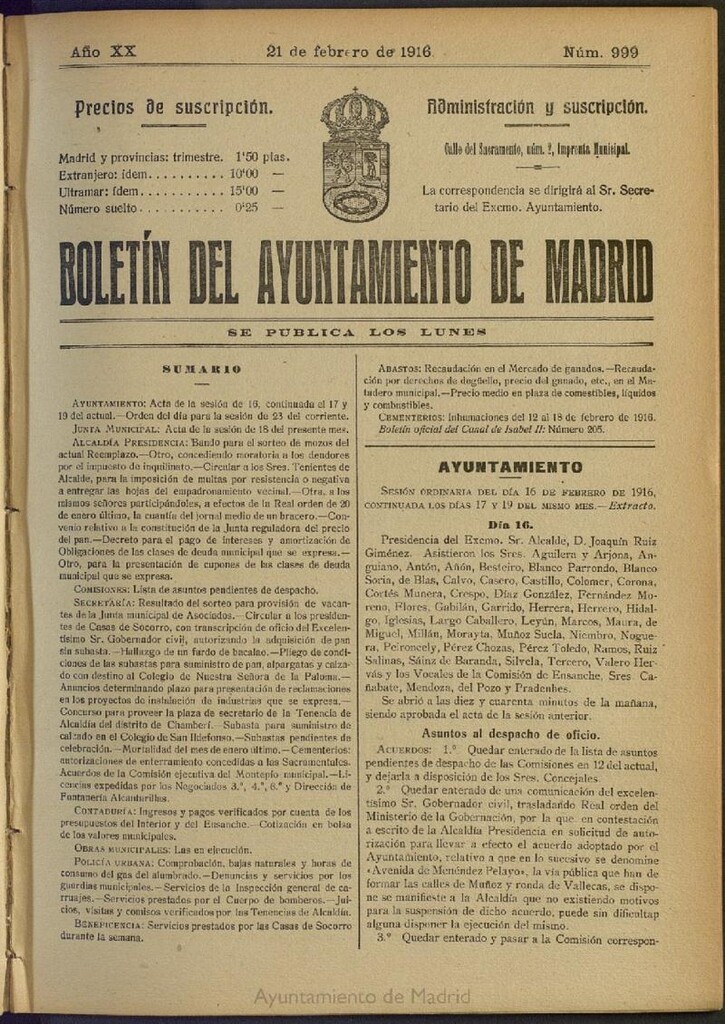 Miniatura de Boletín Oficial del Ayuntamiento de Madrid del 21 de febrero de 1916, nº 999