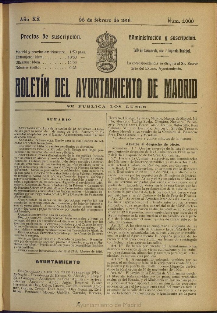 Miniatura de Boletín Oficial del Ayuntamiento de Madrid del 28 de febrero de 1916, nº 1000