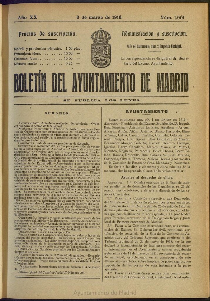 Miniatura de Boletín Oficial del Ayuntamiento de Madrid del 6 de marzo de 1916, nº 1001