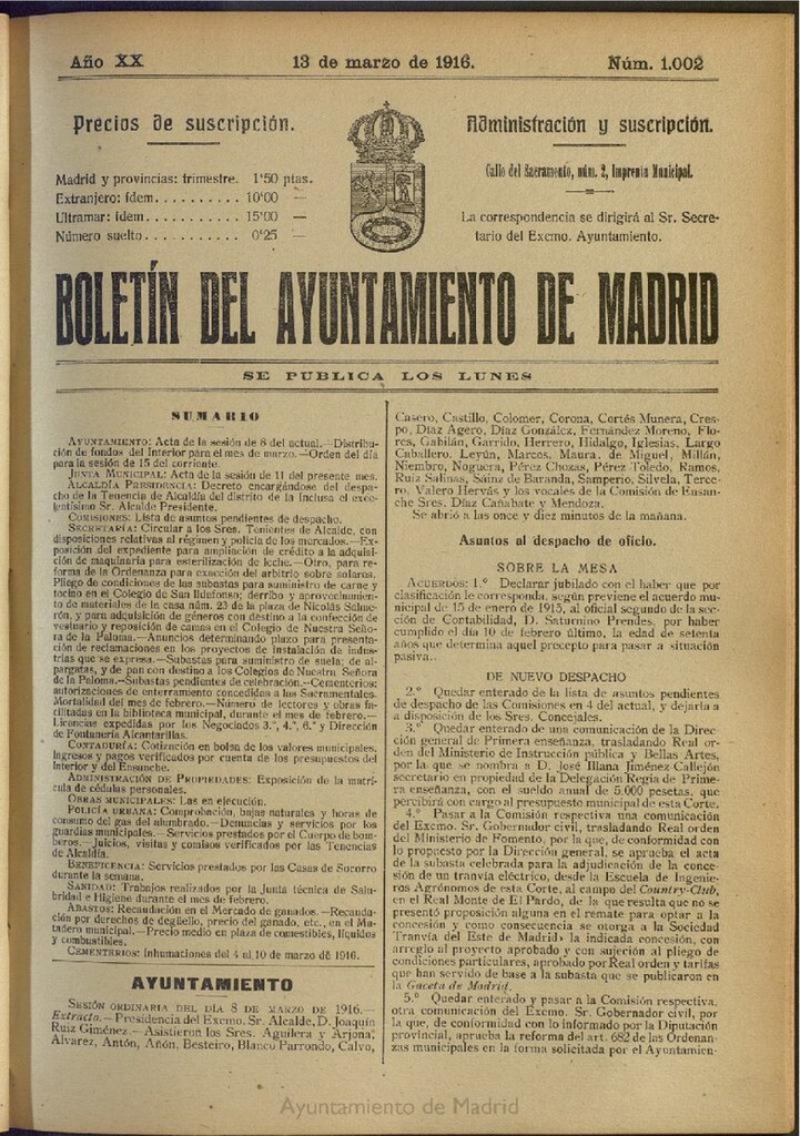 Miniatura de Boletín Oficial del Ayuntamiento de Madrid del 13 de marzo de 1916, nº 1002