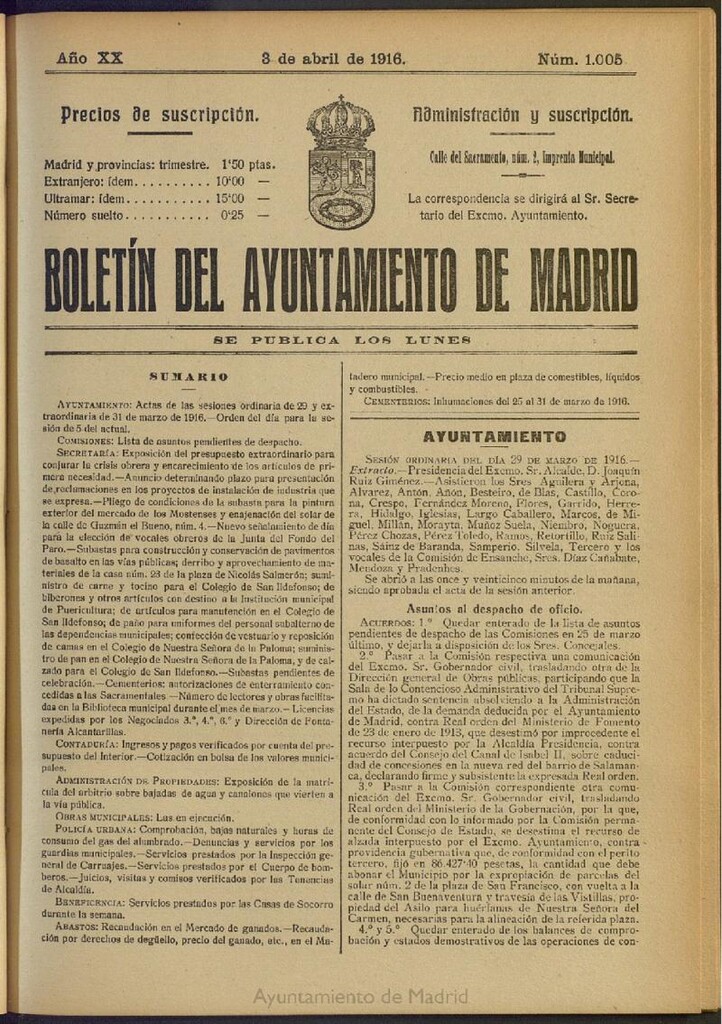 Miniatura de Boletín Oficial del Ayuntamiento de Madrid del 3 de abril de 1916, nº 1005