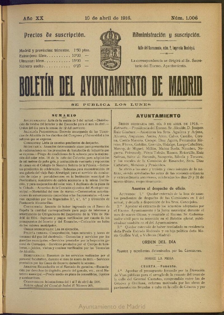 Miniatura de Boletín Oficial del Ayuntamiento de Madrid del 10 de abril de 1916, nº 1006