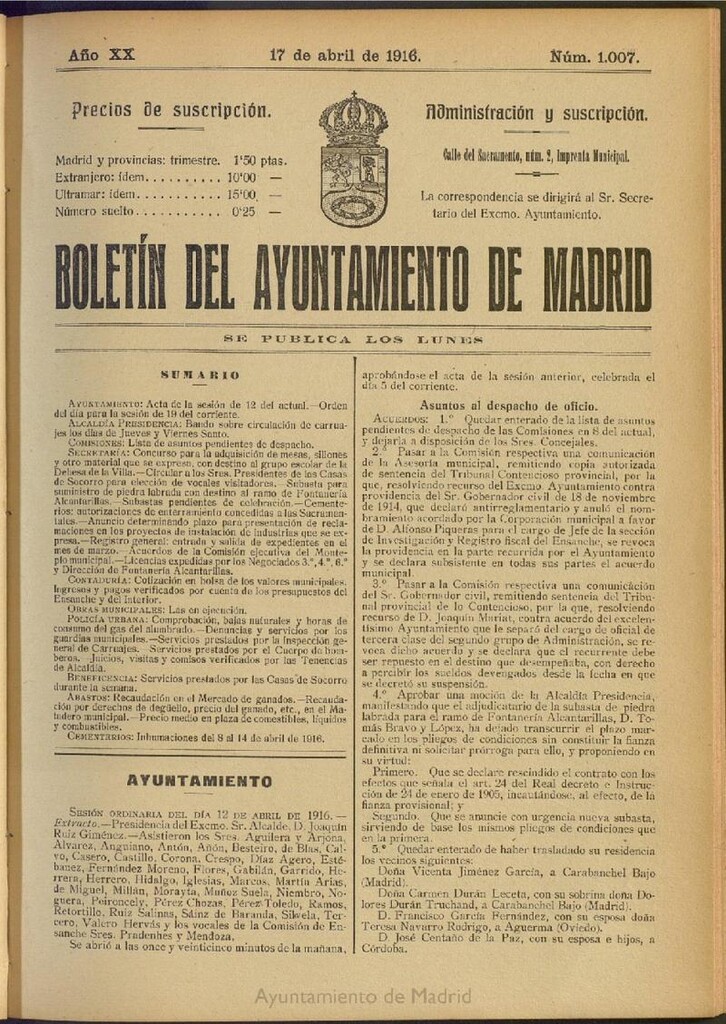 Miniatura de Boletín Oficial del Ayuntamiento de Madrid del 17 de abril de 1916, nº 1007