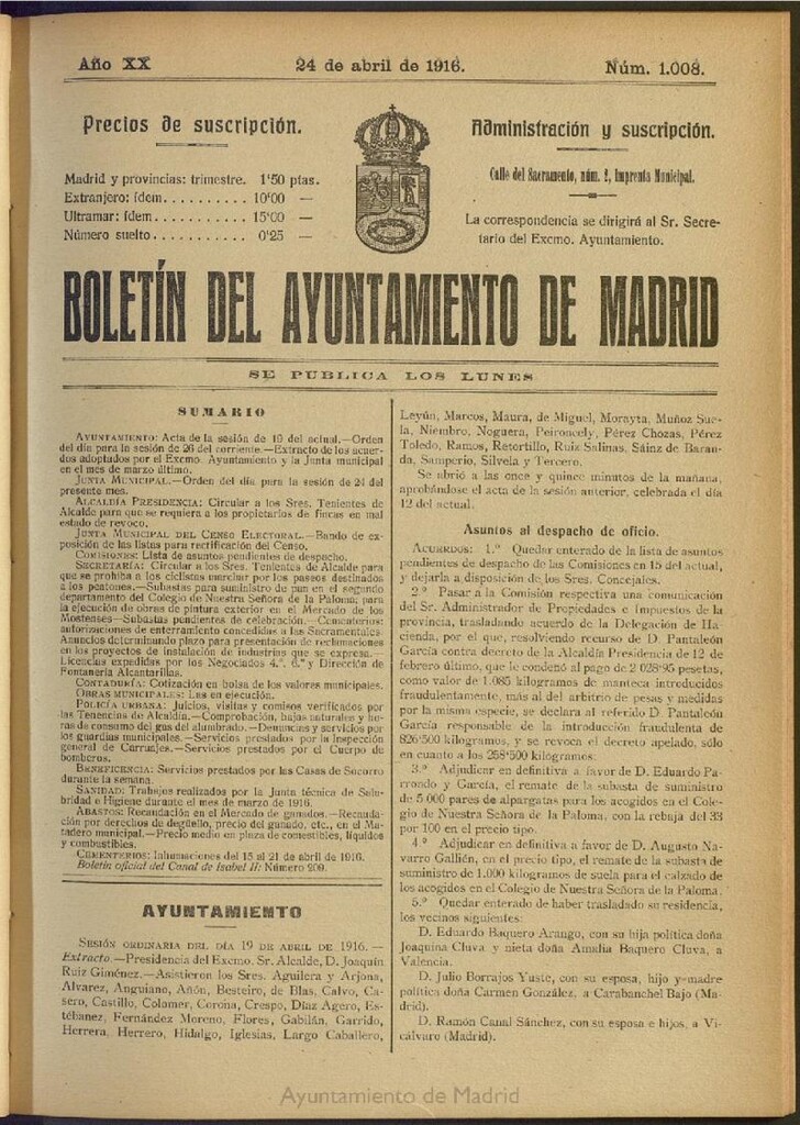 Miniatura de Boletín Oficial del Ayuntamiento de Madrid del 24 de abril de 1916, nº 1008