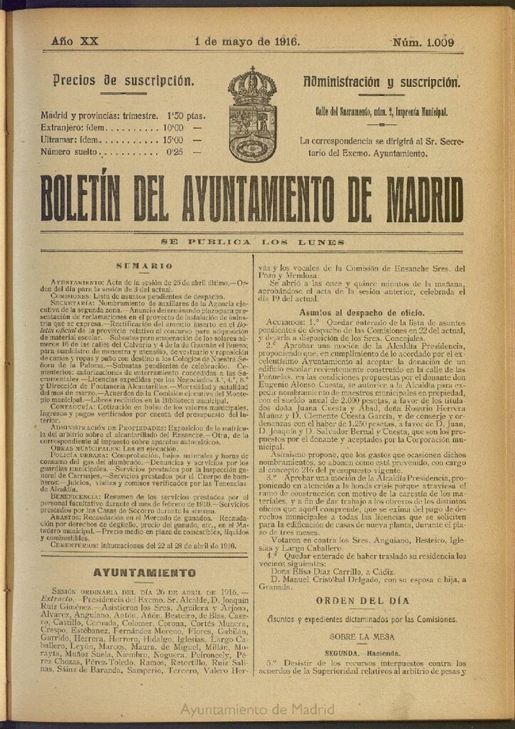 Miniatura de Boletín Oficial del Ayuntamiento de Madrid del 1 de mayo de 1916, nº 1009