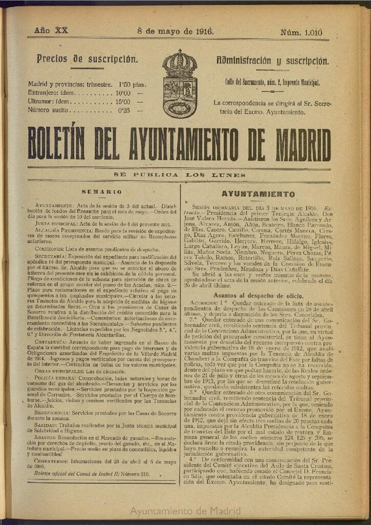 Miniatura de Boletín Oficial del Ayuntamiento de Madrid del 8 de mayo de 1916, nº 1010
