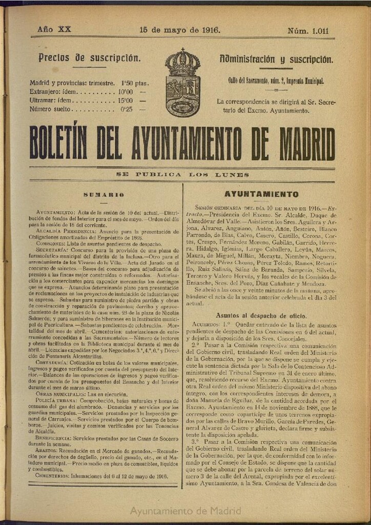 Miniatura de Boletín Oficial del Ayuntamiento de Madrid del 15 de mayo de 1916, nº 1011