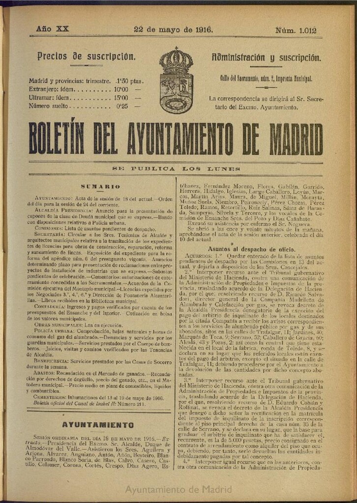 Miniatura de Boletín Oficial del Ayuntamiento de Madrid del 22 de mayo de 1916, nº 1012
