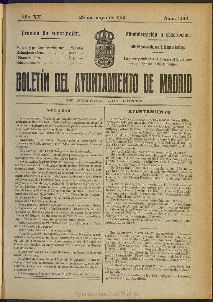 Miniatura de Boletín Oficial del Ayuntamiento de Madrid del 29 de mayo de 1916, nº 1013