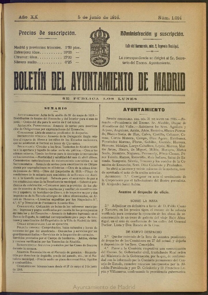 Miniatura de Boletín Oficial del Ayuntamiento de Madrid del 5 de junio de 1916, nº 1014