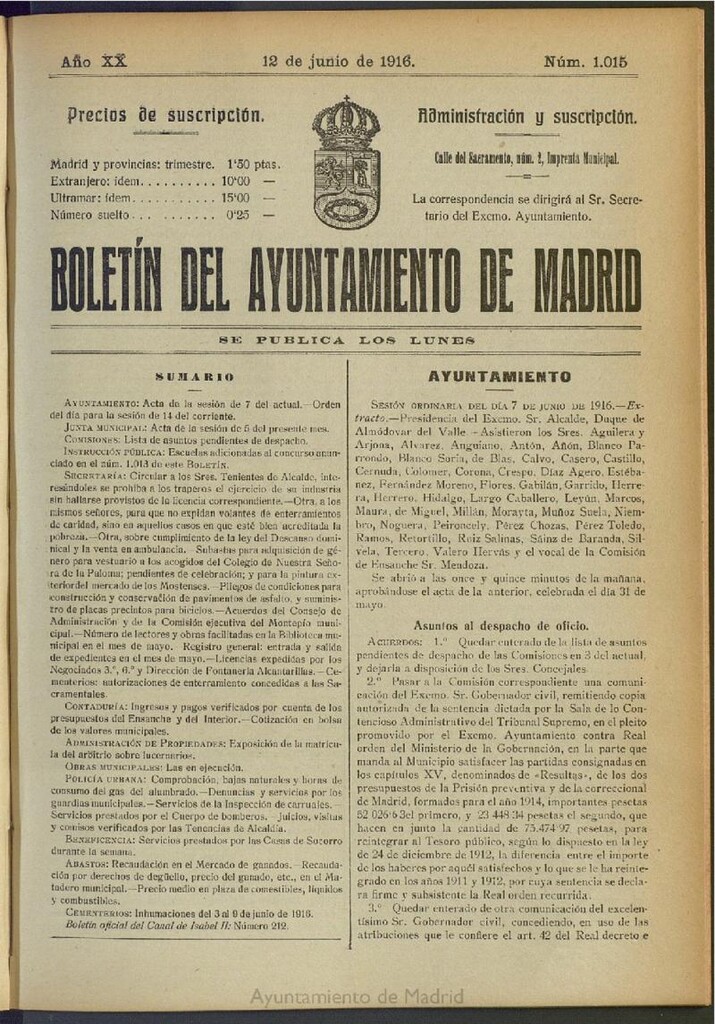 Miniatura de Boletín Oficial del Ayuntamiento de Madrid del 12 de junio de 1916, nº 1015