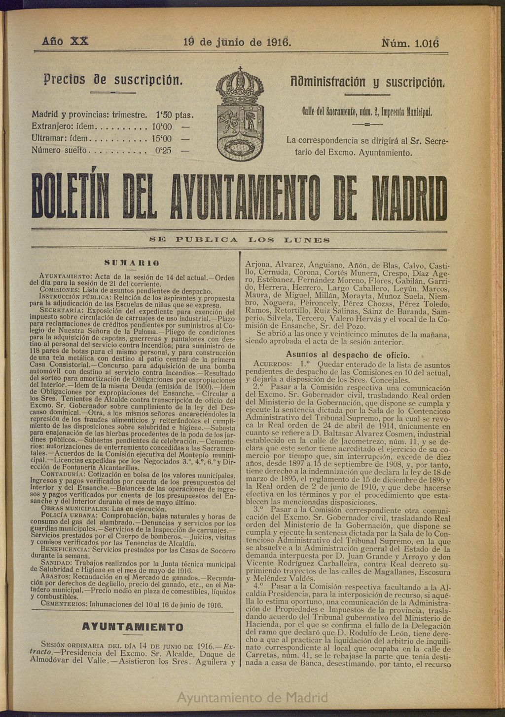 Miniatura de Boletín Oficial del Ayuntamiento de Madrid del 19 de junio de 1916, nº 1016