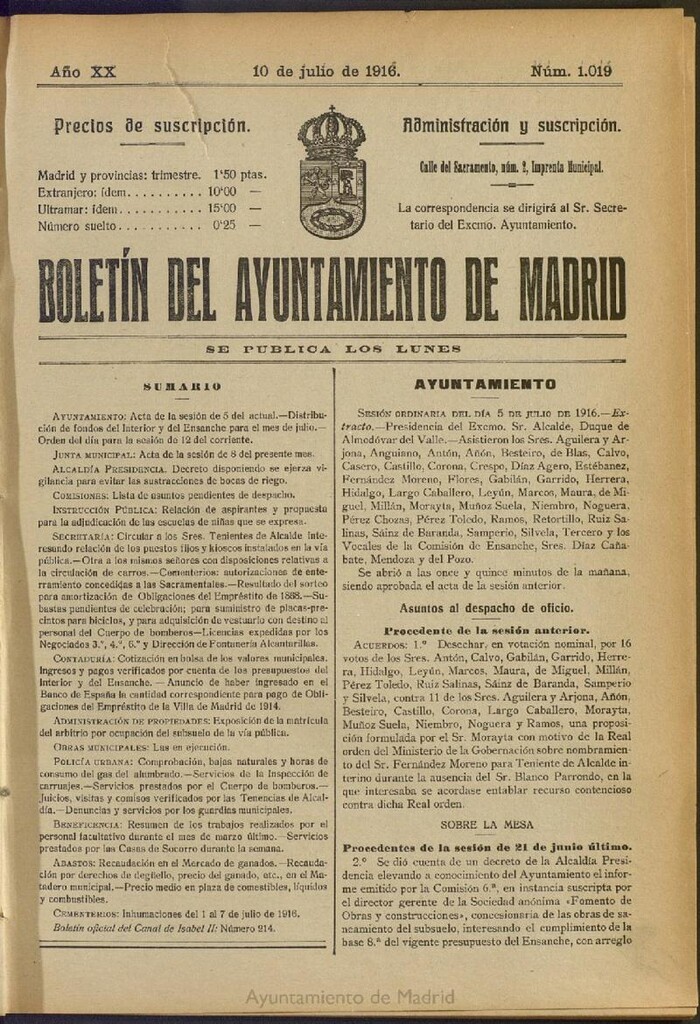 Miniatura de Boletín Oficial del Ayuntamiento de Madrid del 10 de julio de 1916, nº 1019