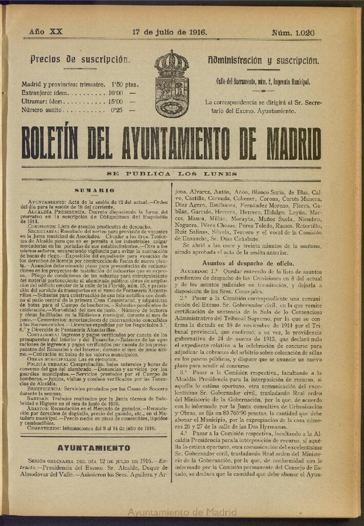 Miniatura de Boletín Oficial del Ayuntamiento de Madrid del 17 de julio de 1916, nº 1020