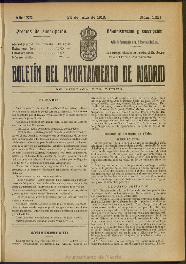 Miniatura de Boletín Oficial del Ayuntamiento de Madrid del 24 de julio de 1916, nº 1021
