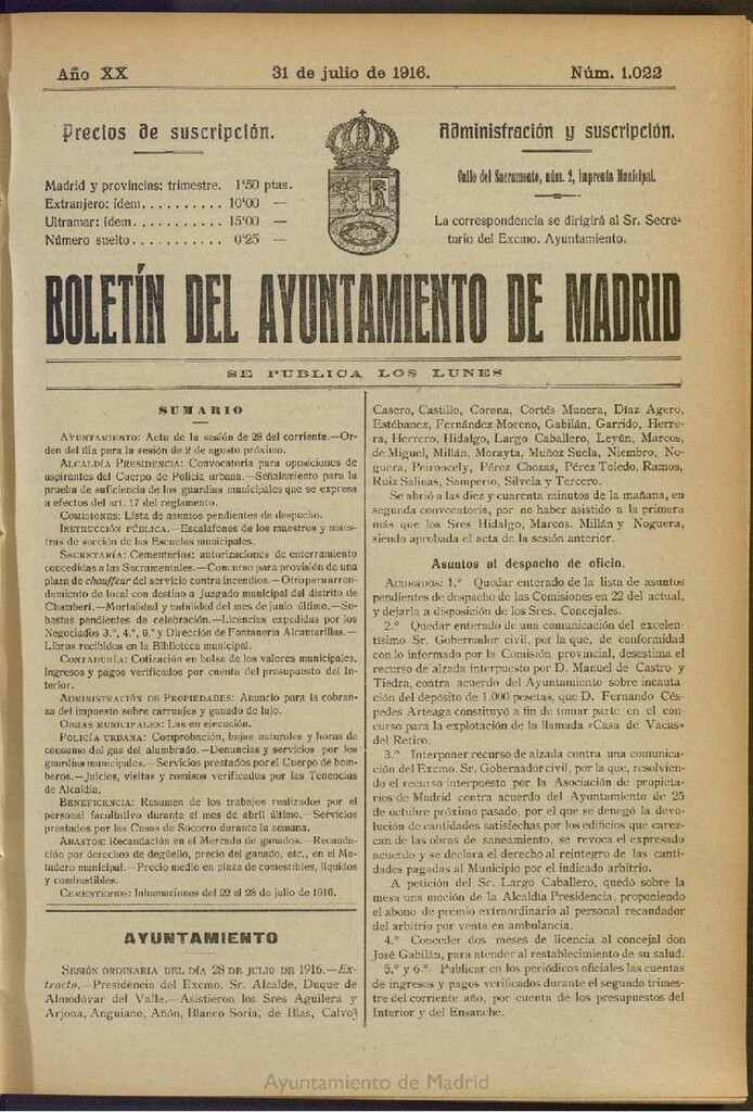 Miniatura de Boletín Oficial del Ayuntamiento de Madrid del 31 de julio de 1916, nº 1022
