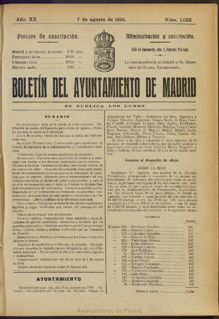 Miniatura de Boletín Oficial del Ayuntamiento de Madrid del 7 de agosto de 1916, nº 1023