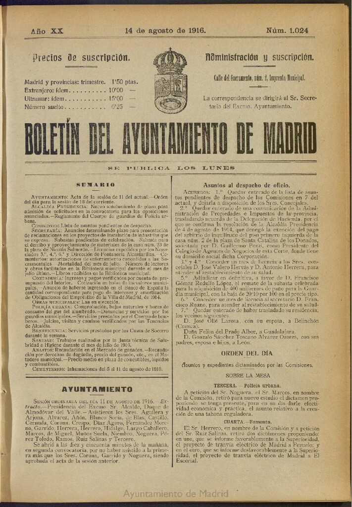 Miniatura de Boletín Oficial del Ayuntamiento de Madrid del 14 de agosto de 1916, nº 1024