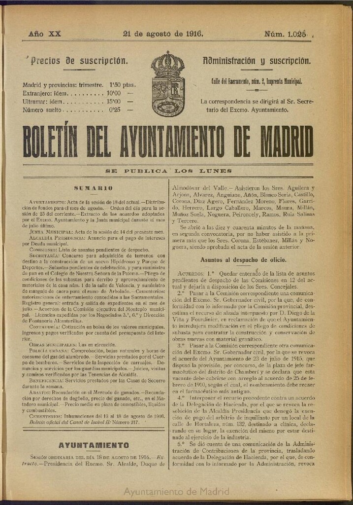 Miniatura de Boletín Oficial del Ayuntamiento de Madrid del 21 de agosto de 1916, nº 1025