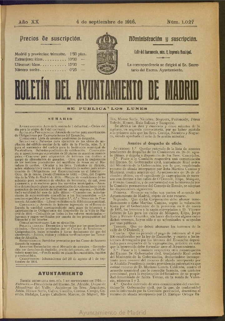 Miniatura de Boletín Oficial del Ayuntamiento de Madrid del 4 de septiembre de 1916, nº 1027