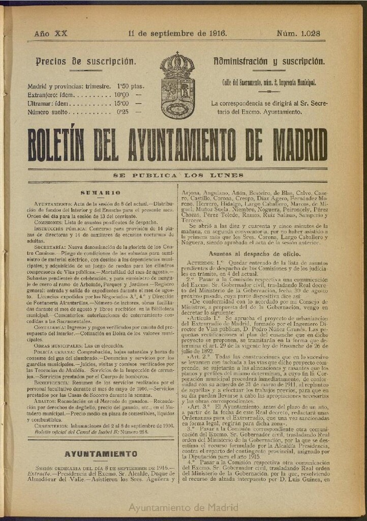 Miniatura de Boletín Oficial del Ayuntamiento de Madrid del 11 de septiembre de 1916, nº 1028