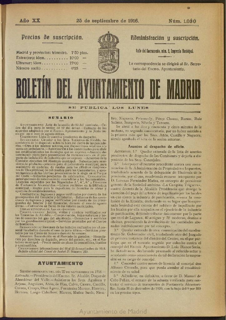 Miniatura de Boletín Oficial del Ayuntamiento de Madrid del 25 de septiembre de 1916, nº 1030