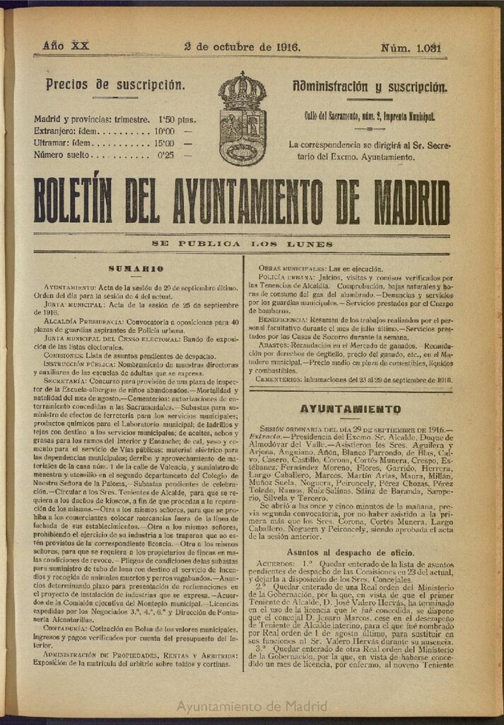 Miniatura de Boletín Oficial del Ayuntamiento de Madrid del 2 de octubre de 1916, nº 1031