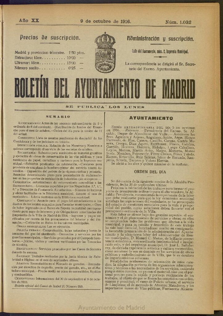 Miniatura de Boletín Oficial del Ayuntamiento de Madrid del 9 de octubre de 1916, nº 1032