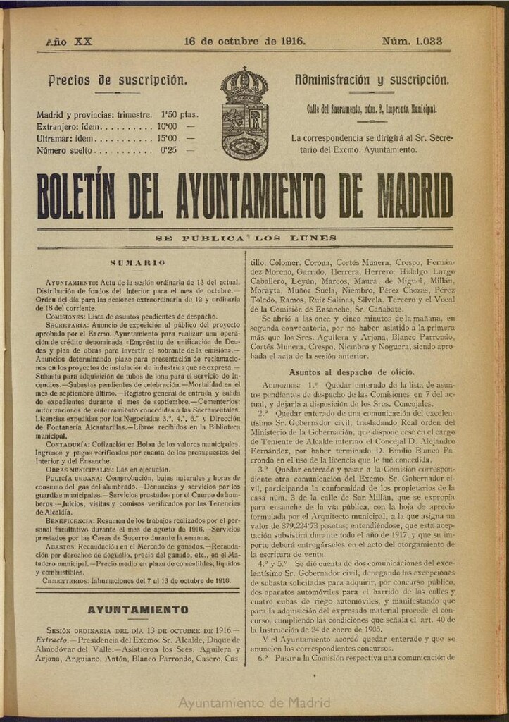 Miniatura de Boletín Oficial del Ayuntamiento de Madrid del 16 de octubre de 1916, nº 1033