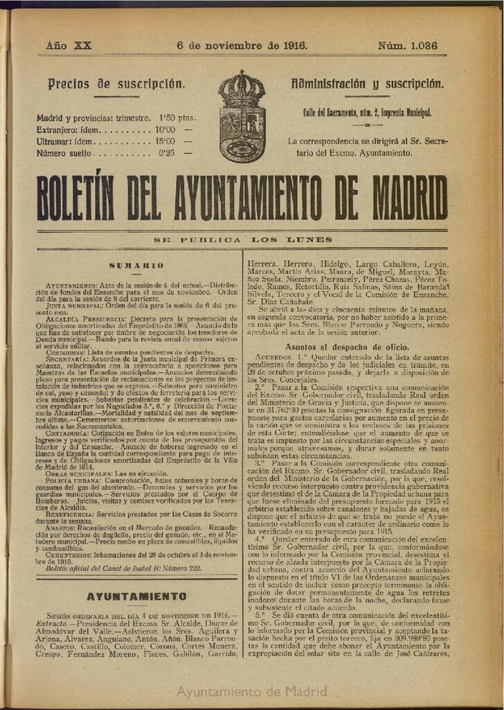 Miniatura de Boletín Oficial del Ayuntamiento de Madrid del 6 de noviembre de 1916, nº 1036