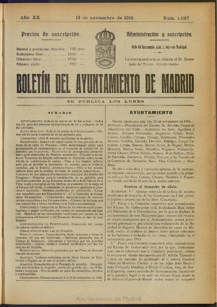 Miniatura de Boletín Oficial del Ayuntamiento de Madrid del 13 de noviembre de 1916, nº 1037