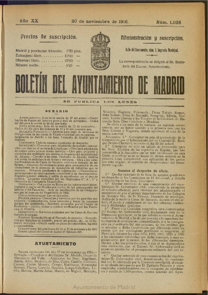 Miniatura de Boletín Oficial del Ayuntamiento de Madrid del 20 de noviembre de 1916, nº 1038