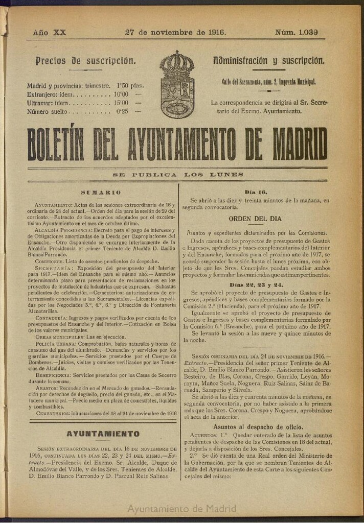 Miniatura de Boletín Oficial del Ayuntamiento de Madrid del 27 de noviembre de 1916, nº 1039