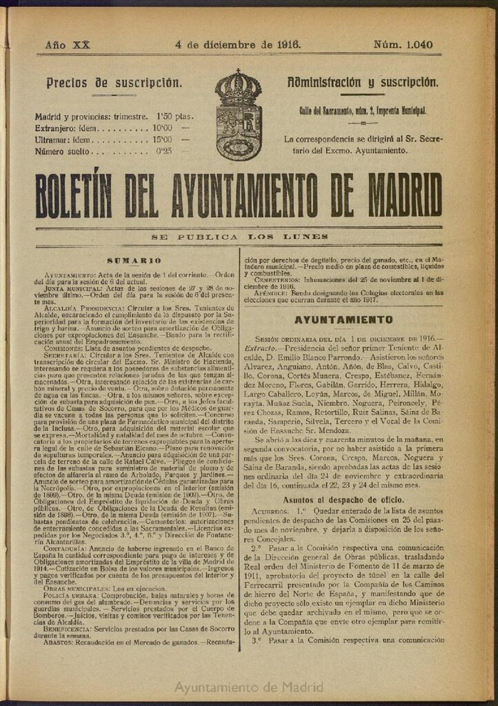 Miniatura de Boletín Oficial del Ayuntamiento de Madrid del 4 de diciembre de 1916, nº 1040