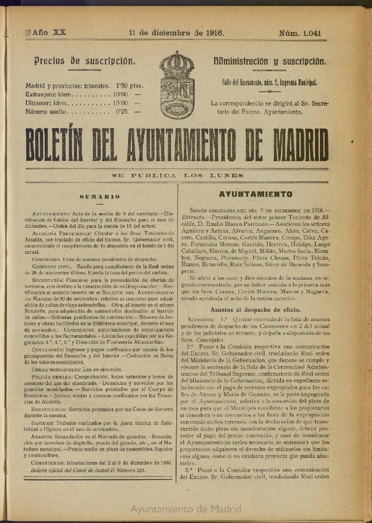 Miniatura de Boletín Oficial del Ayuntamiento de Madrid del 11 de diciembre de 1916, nº 1041