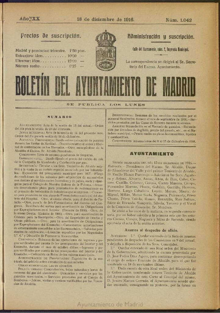 Miniatura de Boletín Oficial del Ayuntamiento de Madrid del 18 de diciembre de 1916, nº 1042