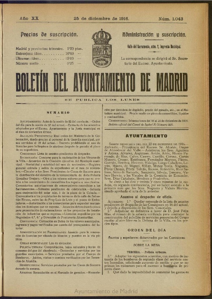 Miniatura de Boletín Oficial del Ayuntamiento de Madrid del 25 de diciembre de 1916, nº 1043
