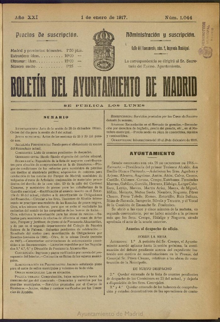 Miniatura de Boletín Oficial del Ayuntamiento de Madrid del 1 de enero de 1917, nº 1044