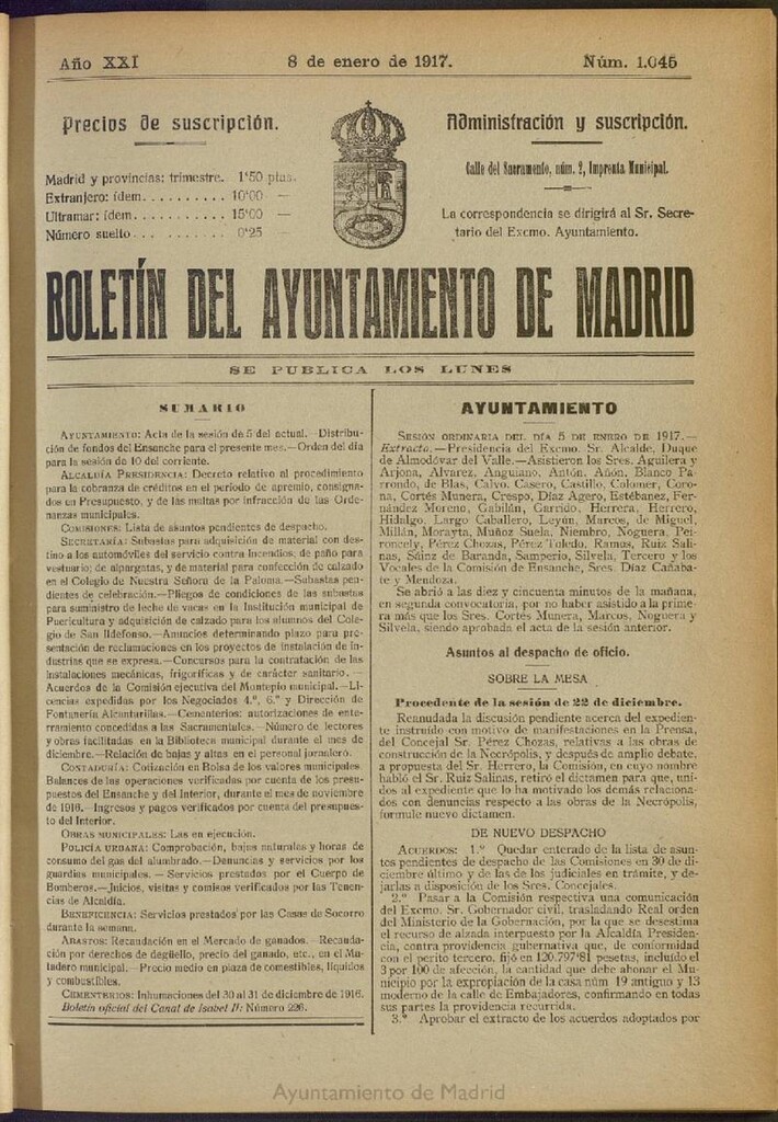 Miniatura de Boletín Oficial del Ayuntamiento de Madrid del 8 de enero de 1917, nº 1045